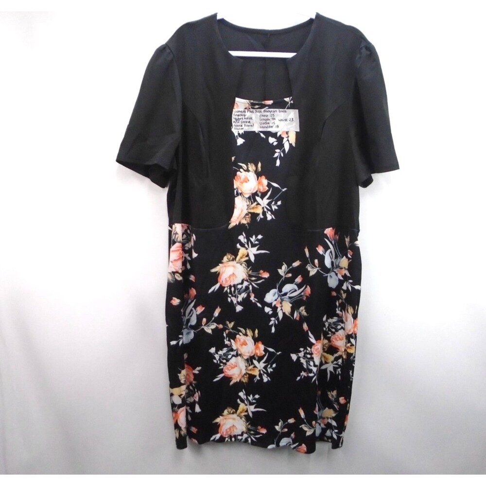 Black Midi Bodycon Fitted Dress 90s Black Flower Print Womens Plus Size 4XL - Picture 2 of 7